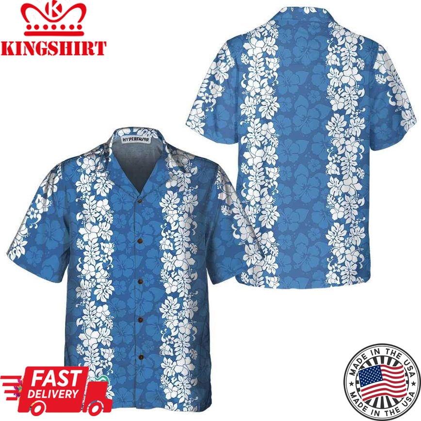 Blue Hibiscus Pattern Hawaiian Shirt, Short Sleeve Vintage White And Blue Hibiscus Print Shirt