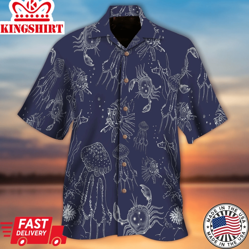 Blue Jellyfish Crab Trendy Hawaiian Shirt, Crab Lover Trendy Hawaiian Shirt For Summer Gifts