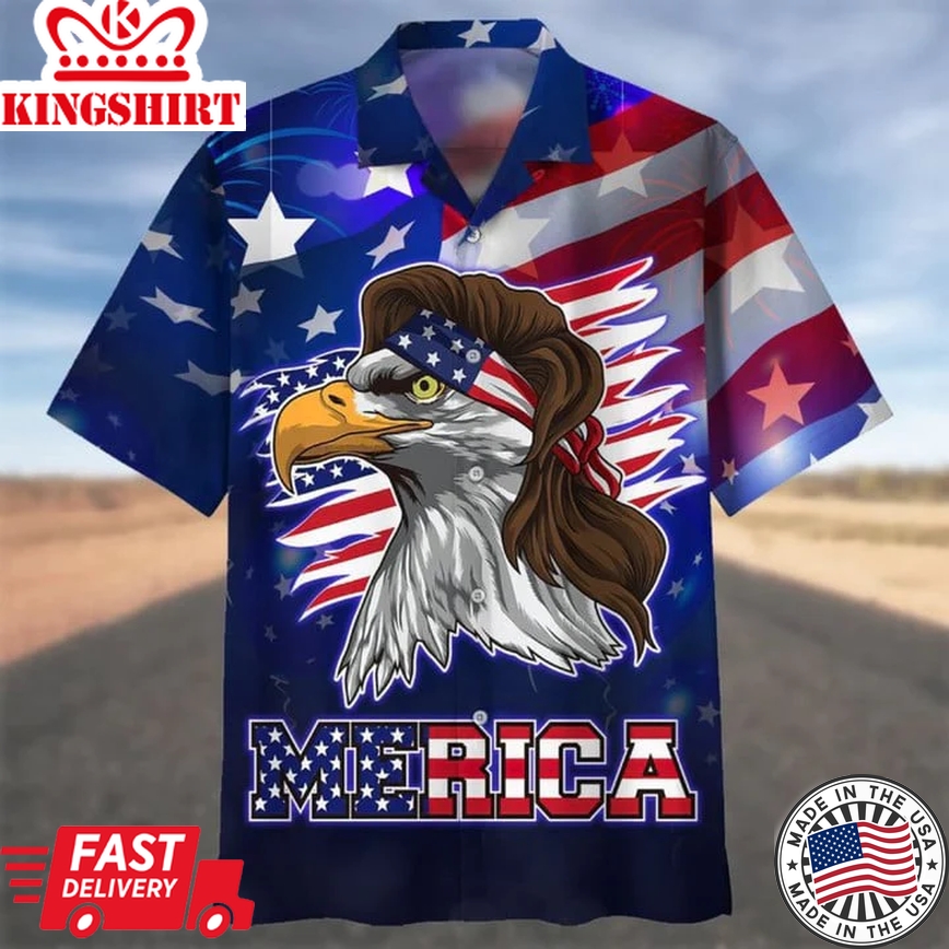 Blue Merican Trendy Hawaiian Shirt With Eagle, Independence Day Hawaii Aloha Beach Shirt For Father, Trendy Hawaiian Shirt For Men