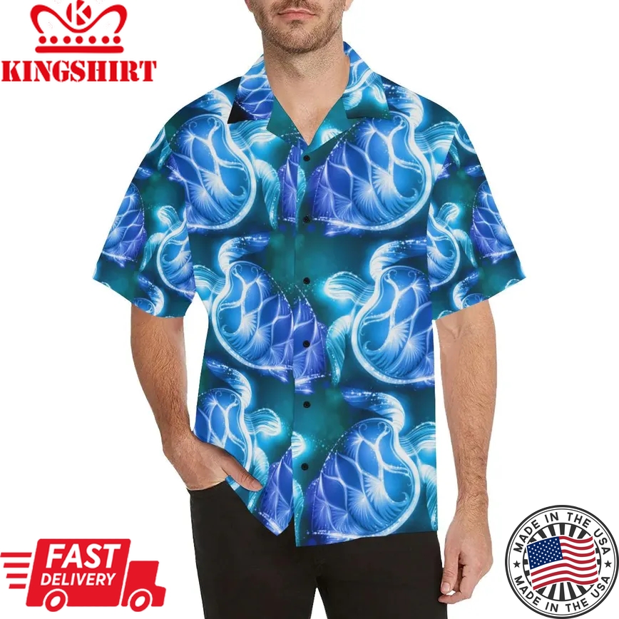 Blue Neon Sea Turtle Print Trendy Hawaiian Shirt, Turtle Lover Trendy Hawaiian Shirt For