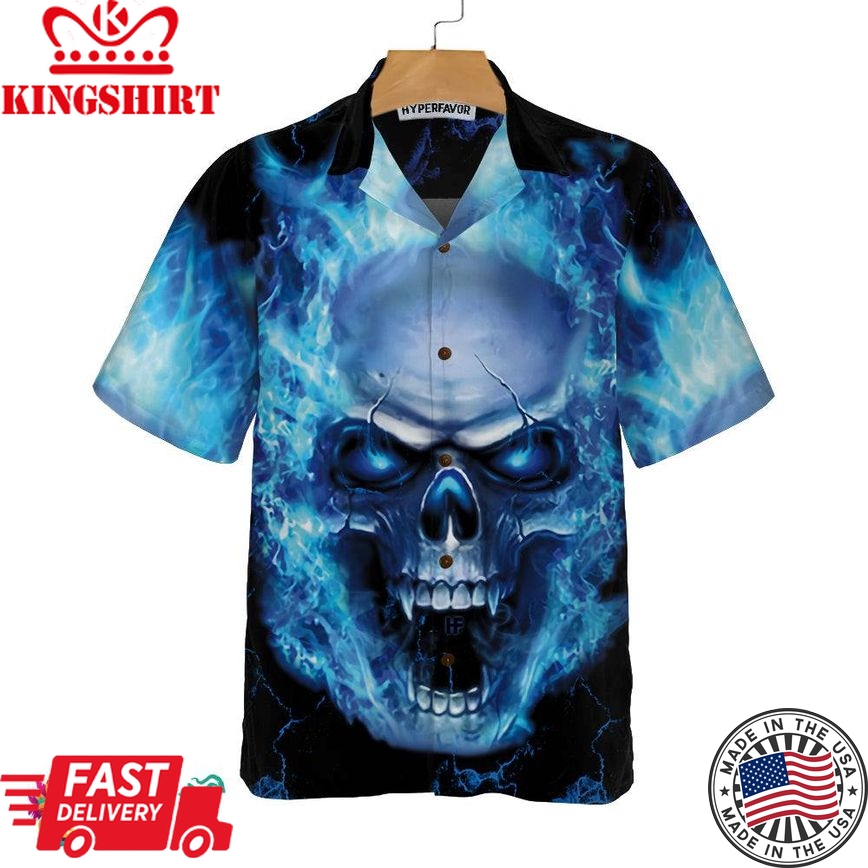 Blue Neon Skull Flame Hawaiian Shirt, 3D Blue Fire Skull Shirt