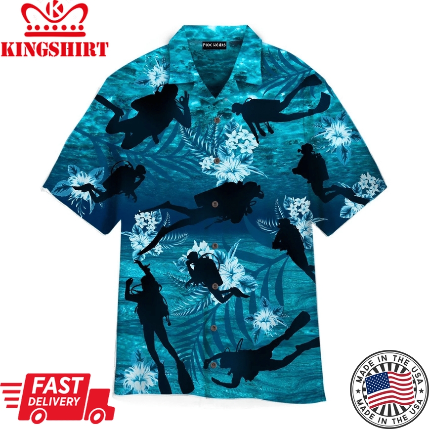 Blue Scuba Diving Hibiscus Trendy Hawaiian Shirt