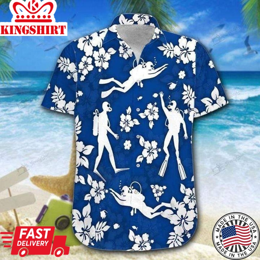 Blue Scuba Diving Hibiscus Trendy Hawaiian Shirt