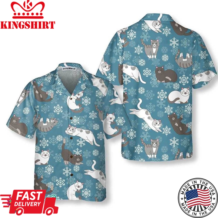 Blue Snowflakes Adorable Kittens Hawaiian Shirt, Funny Christmas Aloha Shirt