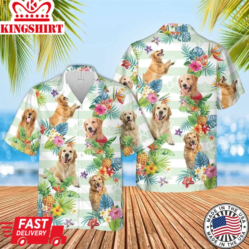 Blue Striped Golden Retriever Dog Tropical Flower Trendy Hawaiian Shirt For Men And Women