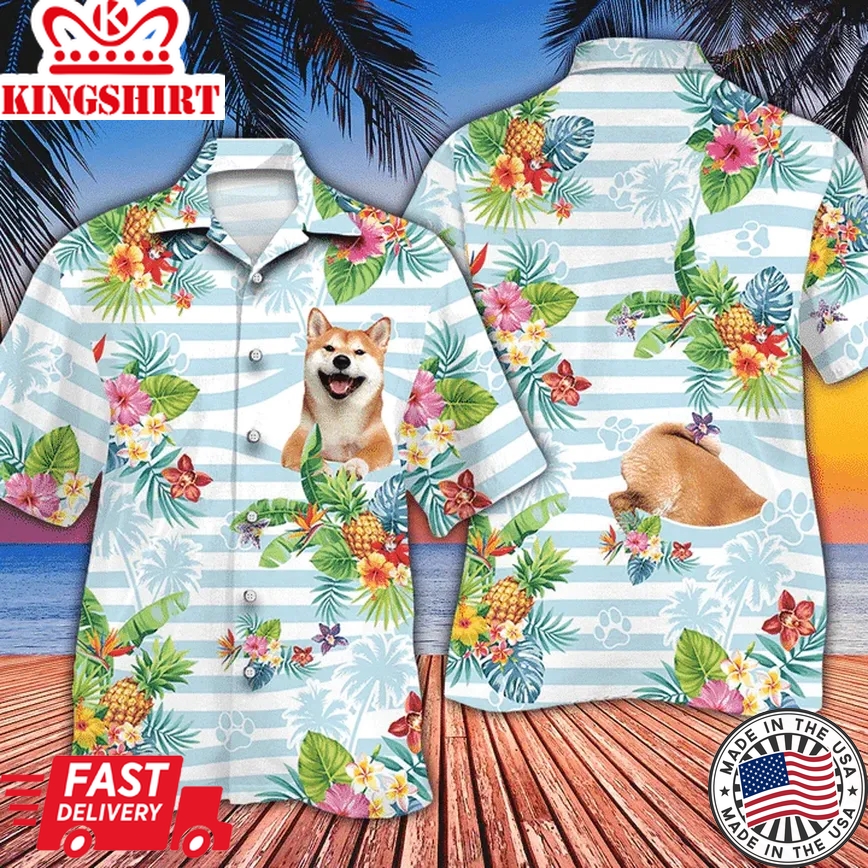 Blue Striped Smiling Shiba Inu Dog Lovers Gift Striped Trendy Hawaiian Shirt