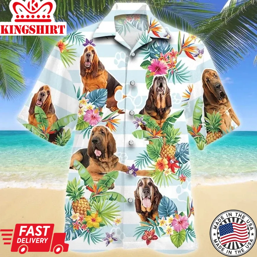 Blue Stripesd Bloodhound Dog Tropical Flower Trendy Hawaiian Shirt