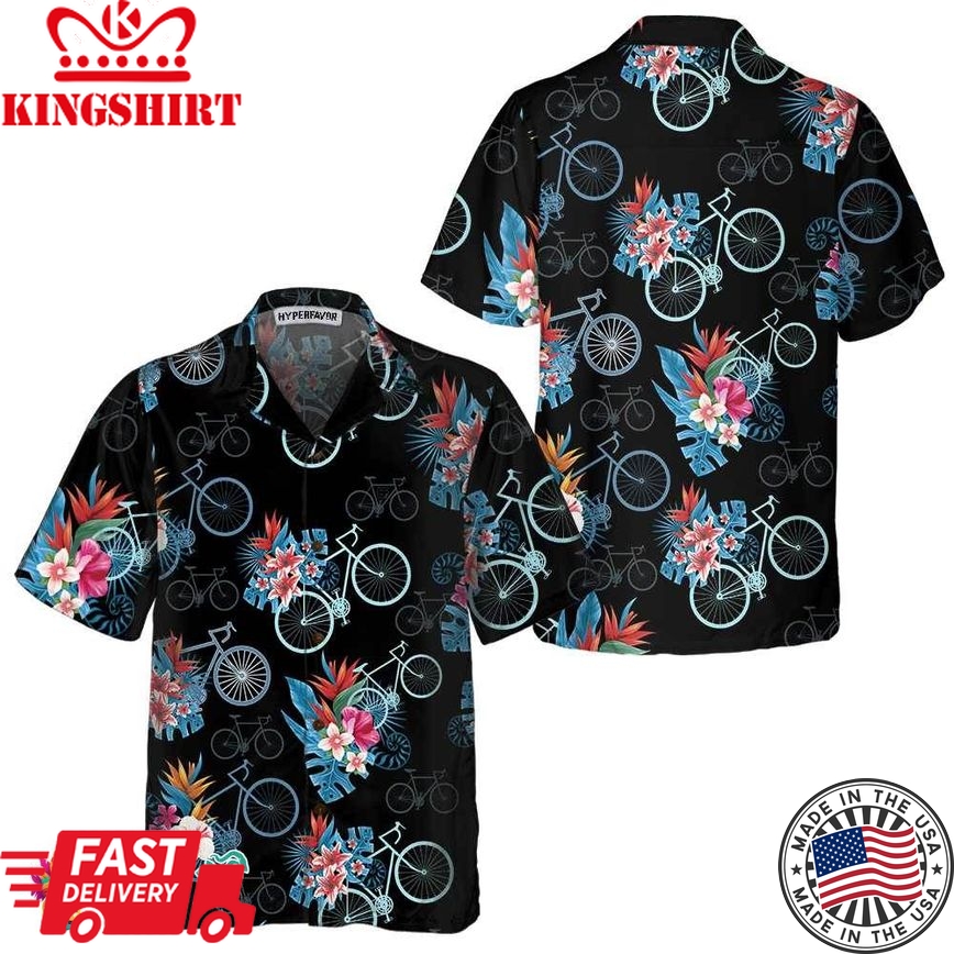 Blue Tropical Leaves Cycling Hawaiian Shirt, Tropical Mountain Bike Shirt For Men, Unique Gift For Cyclists