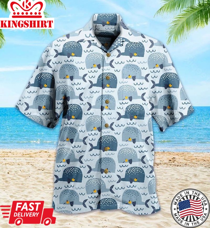 Blue Yellow Whale Waves Trendy Hawaiian Shirt 3D Summer Gifts