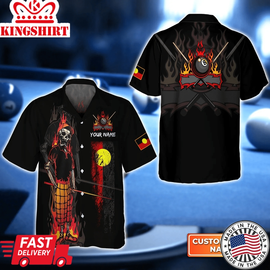 Bones 8 Ball Aboriginal Flag Billiards 3D Trendy Hawaiian Shirt, Billiard Team Uniform, Gift For Billiard Players