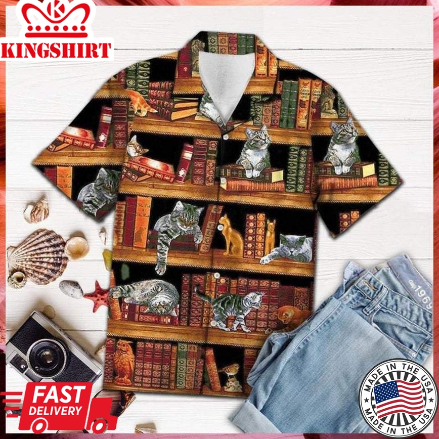 Book Hawaiian Shirt Bookshelfs And Cats 3D Aloha Shirt