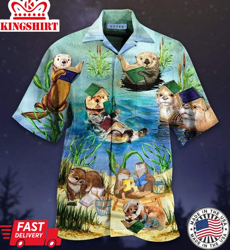 Book Hawaiian Shirt Cute Otter Reading Book Blue Hawaii Aloha Shirt