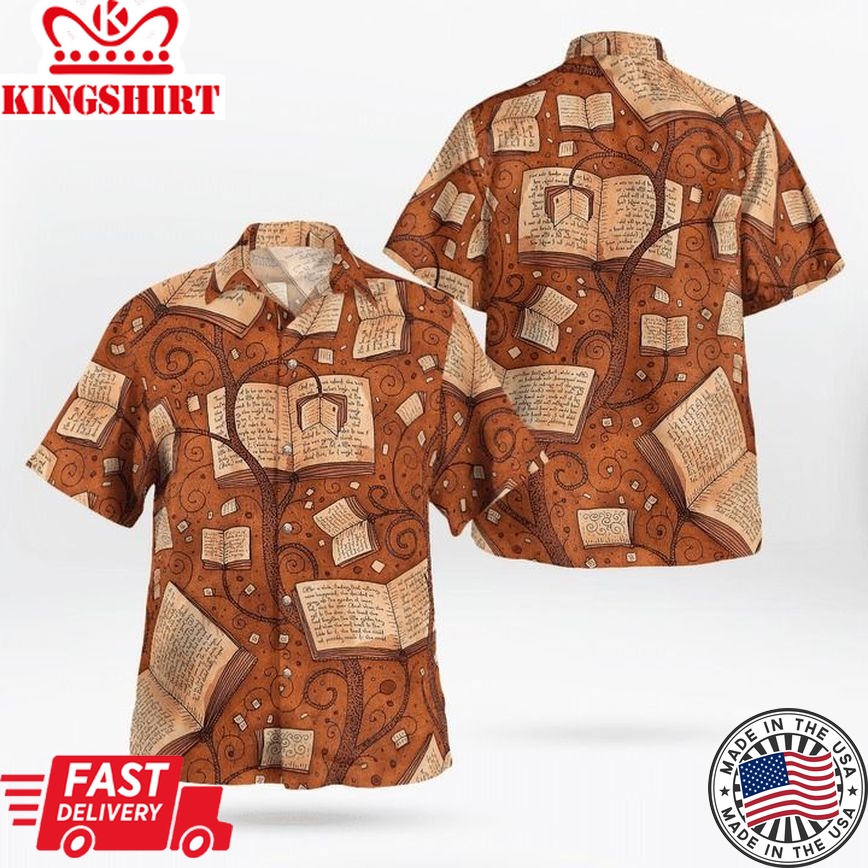 Book Hawaiian Shirt Tree Of Book Vintage Brown Aloha Shirt