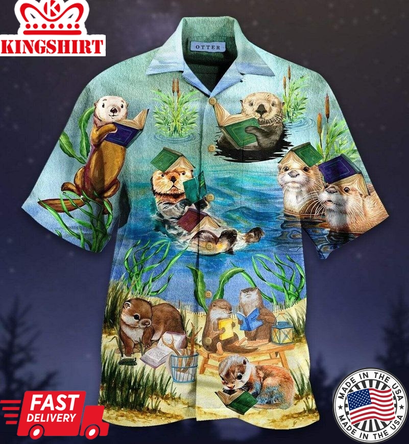 Book Trendy Hawaiian Shirt Cute Otter Reading Book Blue Hawaii Shirt Book Aloha Shirt