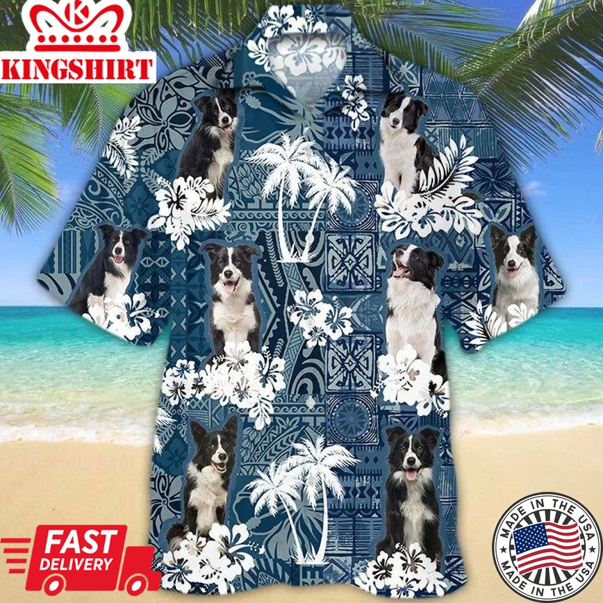 Border Collie Hawaiian Tropical Plants Pattern Blue And White All Over Printed 3D Trendy Hawaiian Shirt