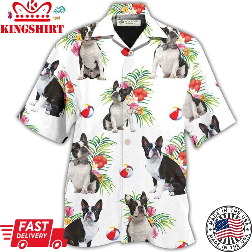 Boston Terrier Dog Ball Tropical Floral Hawaiian Shirt