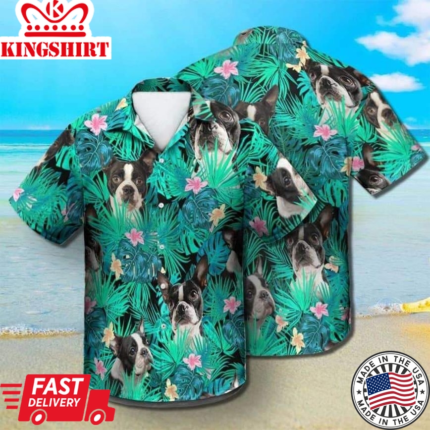 Boston Terrier Dog Summer Leaves Trendy Hawaiian Shirt, Boston Terrier Trendy Hawaiian Shirt, Aloha Shirt For Dog Lover Summer Gifts