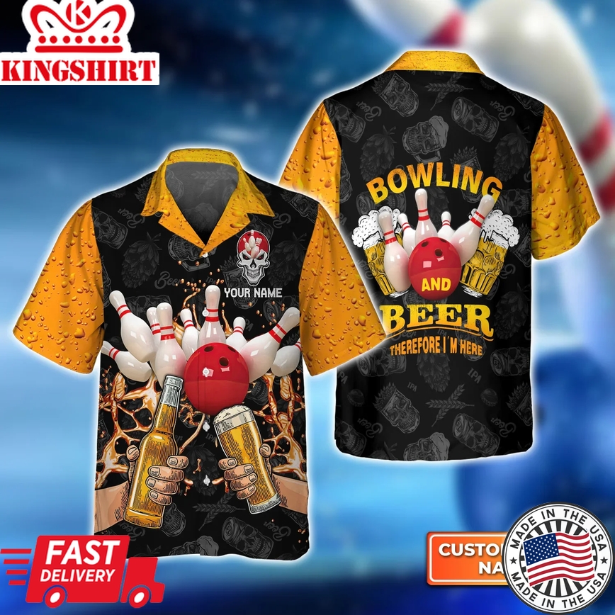 Bowling And Beer Therefore I'm Here Trendy Hawaiian Shirt, Bowling Trendy Hawaiian Shirt For Men, Women, Bowling Team Shirt