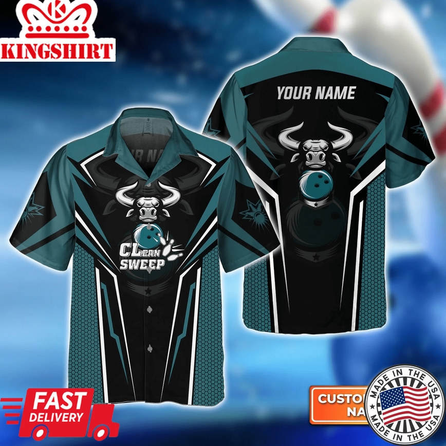 Bowling Bull Clean Sweep Turquoise Black Trendy Hawaiian Shirt, Bowling Trendy Hawaiian Shirt For Men, Women, Bowling Team Shirt