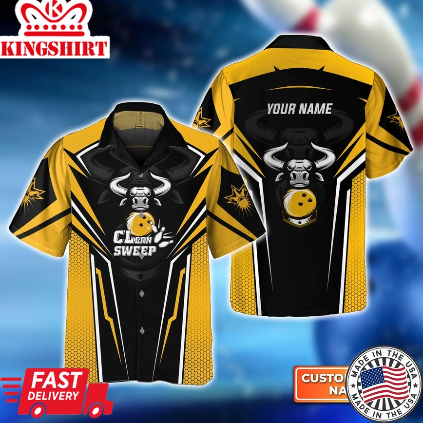 Bowling Bull Clean Sweep Yellow Black Trendy Hawaiian Shirt, Bowling Trendy Hawaiian Shirt For Men, Women, Bowling Team Shirt