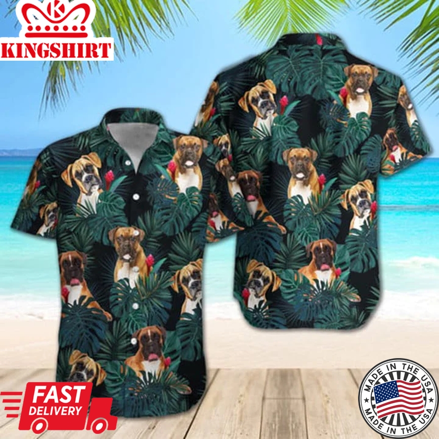 Boxer Dogs Tropical Shirt Regular Fit Short Sleeve Slim Fit Casual Full Print Shirt, Trendy Hawaiian Shirt For Woman