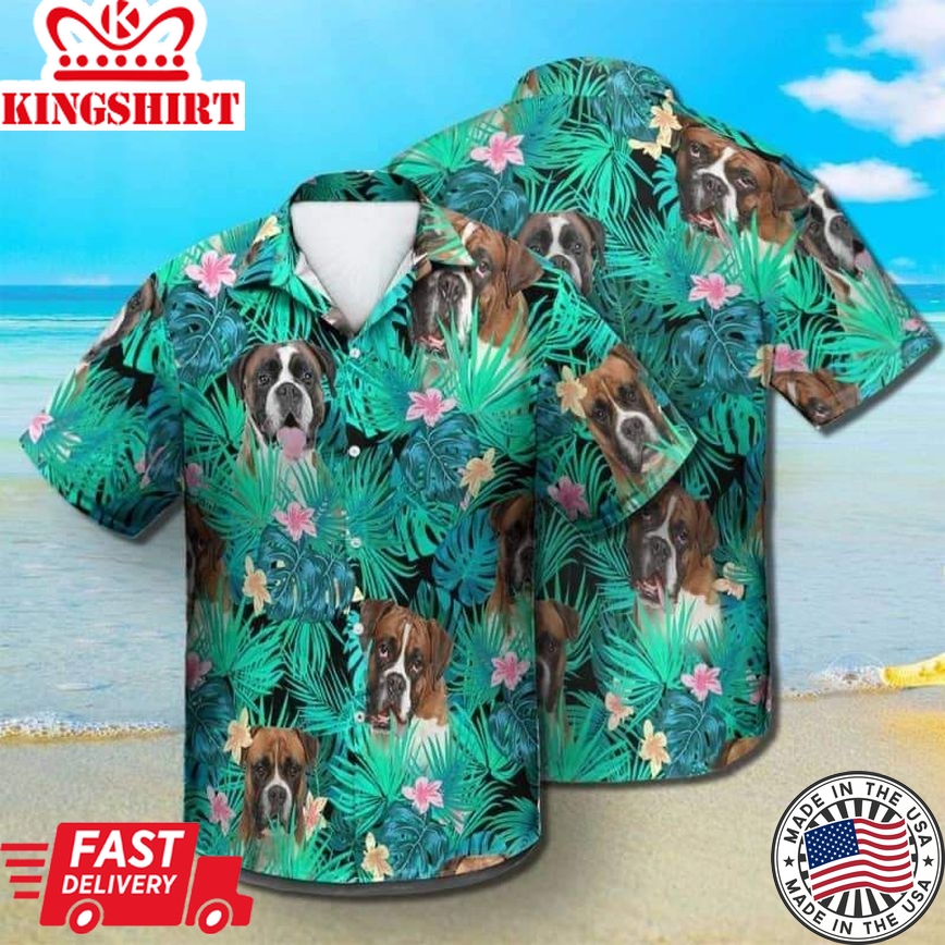 Boxer Trendy Hawaiian Shirt, Dog Summer Leaves Trendy Hawaiian Shirt, Unisex Print Aloha Short Sleeve Casual Shirt Summer Gifts