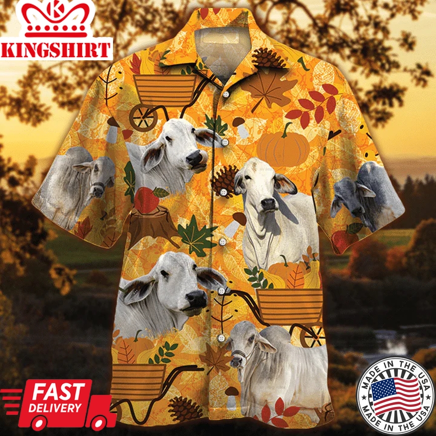 Brahma Cattle Lovers Orange Nature Autumn Trendy Hawaiian Shirt