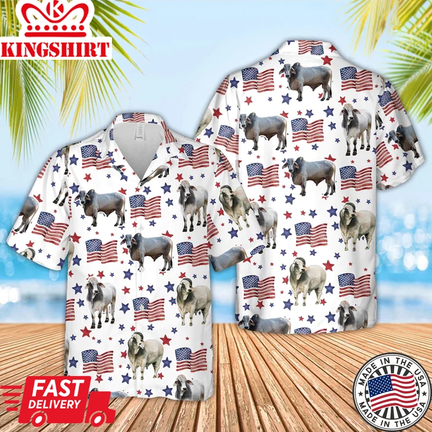 Brahman American Flag Pattern Trendy Hawaiian Shirt, Funny Cow Trendy Hawaiian Shirt, 4Th Of July Trendy Hawaiian Shirt