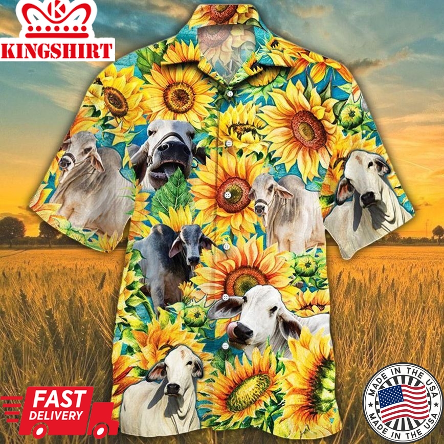 Brahman Cattle Aloha Shirt Yellow Brahman Cattle Lovers Sunflower Watercolor Trendy Hawaiian Shirt, Cow Trendy Hawaiian Shirt For Summer Gifts