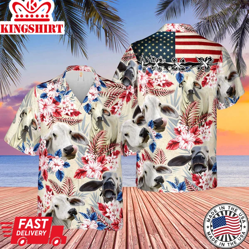 Brahman Cattle American Flag Trendy Hawaiian Shirt, Farm Cow Trendy Hawaiian Shirt For Men And Women