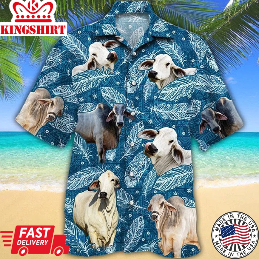 Brahman Cattle Lovers Blue Feather Hawaii Trendy Hawaiian Shirt