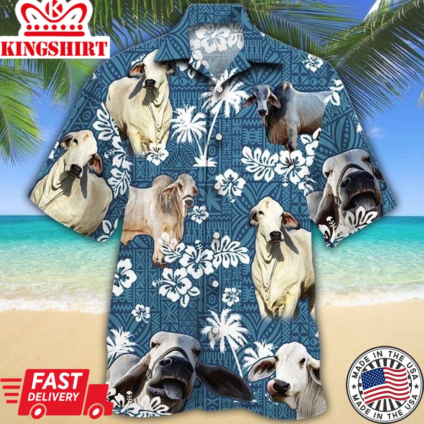 Brahman Cattle Lovers Blue Tribal Trendy Hawaiian Shirt, Cow Trendy Hawaiian Shirt For Summer Gifts