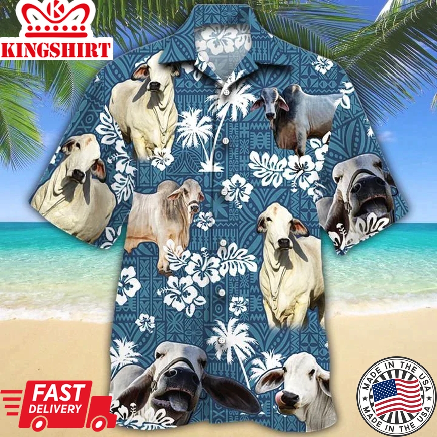 Brahman Cattle Lovers Blue Tribal Trendy Hawaiian Shirt, Cow Trendy Hawaiian Shirts, Cow Aloha Shirt For Men, Hawaii Shirt Woman