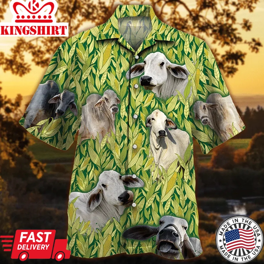 Brahman Cattle Lovers Corn Pattern Trendy Hawaiian Shirt, Cow Trendy Hawaiian Shirt For Summer Gifts