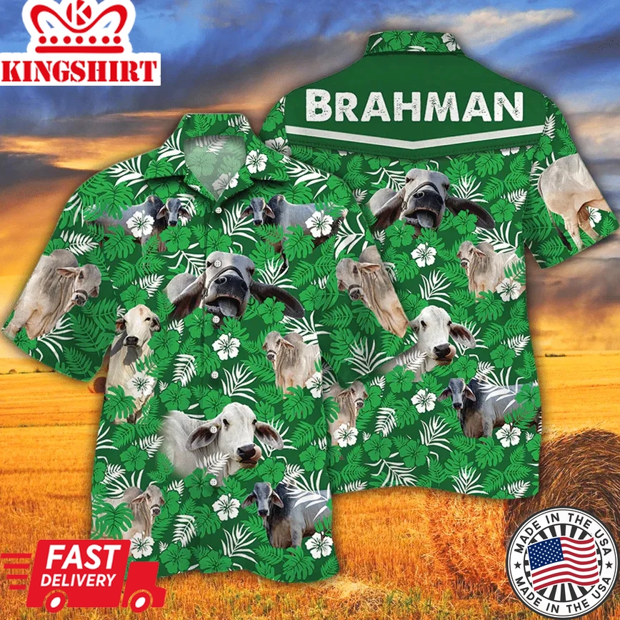 Brahman Cattle Lovers Green Floral Pattern Trendy Hawaiian Shirt, Cow Trendy Hawaiian Shirt For Summer Gifts