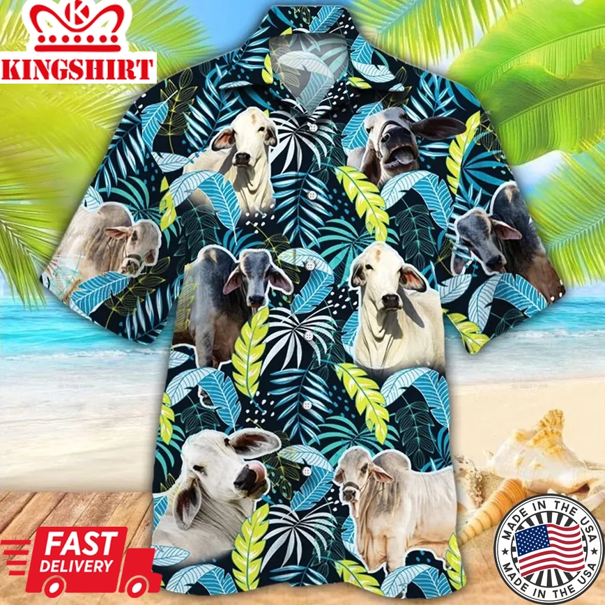 Brahman Cattle Lovers Jungle Leaves Trendy Hawaiian Shirt, Cow Trendy Hawaiian Shirt For Summer Gifts