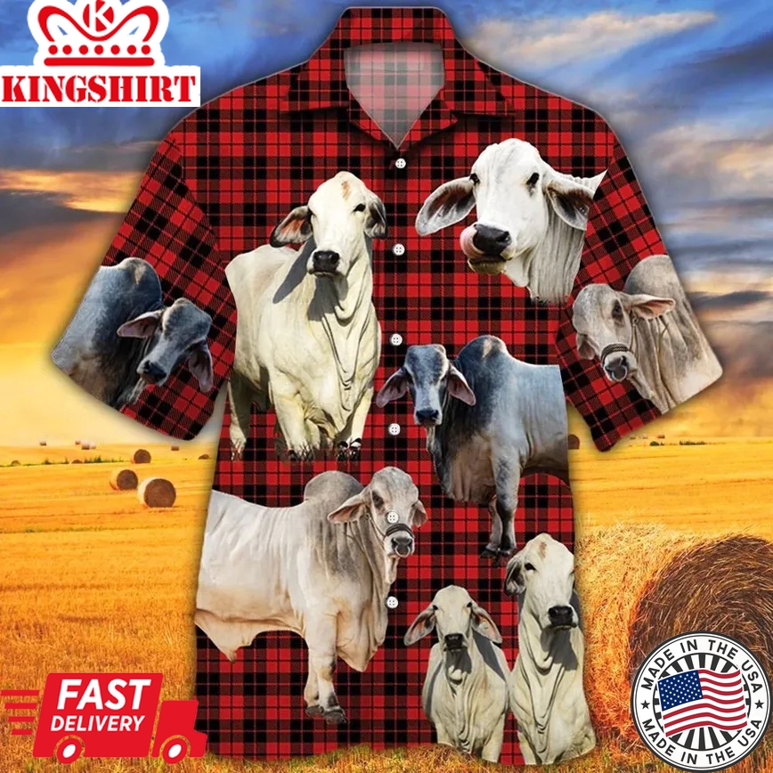 Brahman Cattle Lovers Red Tartan Pattern Trendy Hawaiian Shirt, Cow Trendy Hawaiian Shirt For Summer Gifts