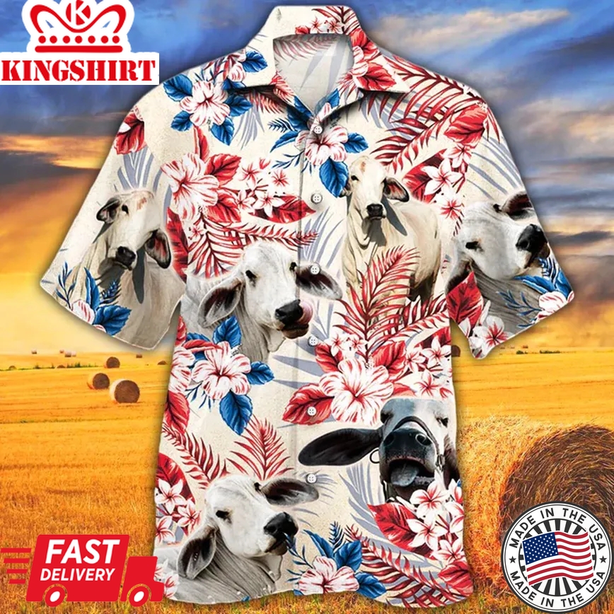 Brahman Cattle Lovers Texas Flag Trendy Hawaiian Shirt, Cow Flower Aloha Shirt, Trendy Hawaiian Shirt Men, Women