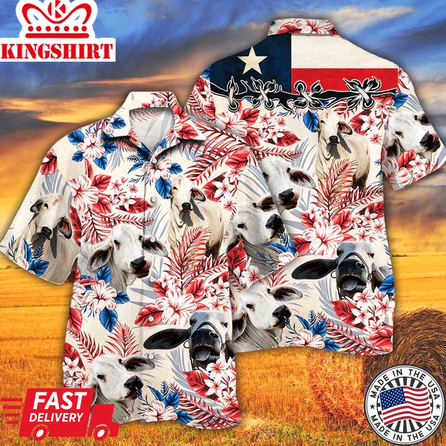 Brahman Cattle Lovers Texas Flag Trendy Hawaiian Shirt, Cow Flower Aloha Shirt, Trendy Hawaiian Shirt Men, Women