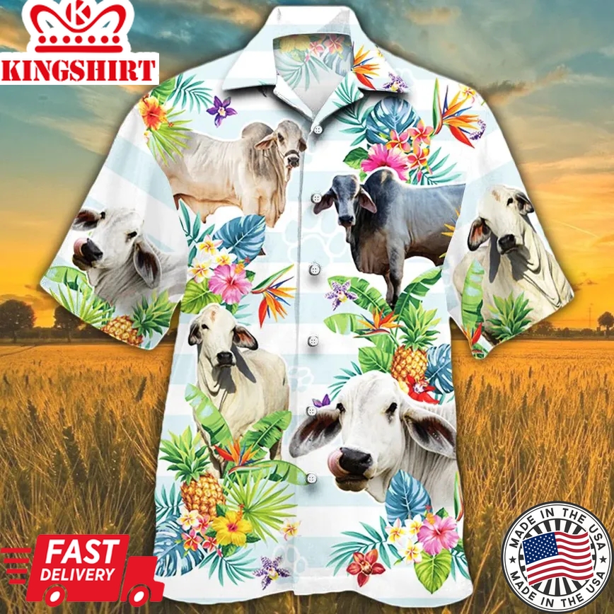 Brahman Cattle Lovers Tropical Flower Trendy Hawaiian Shirt, Cow Trendy Hawaiian Shirt For Summer Gifts