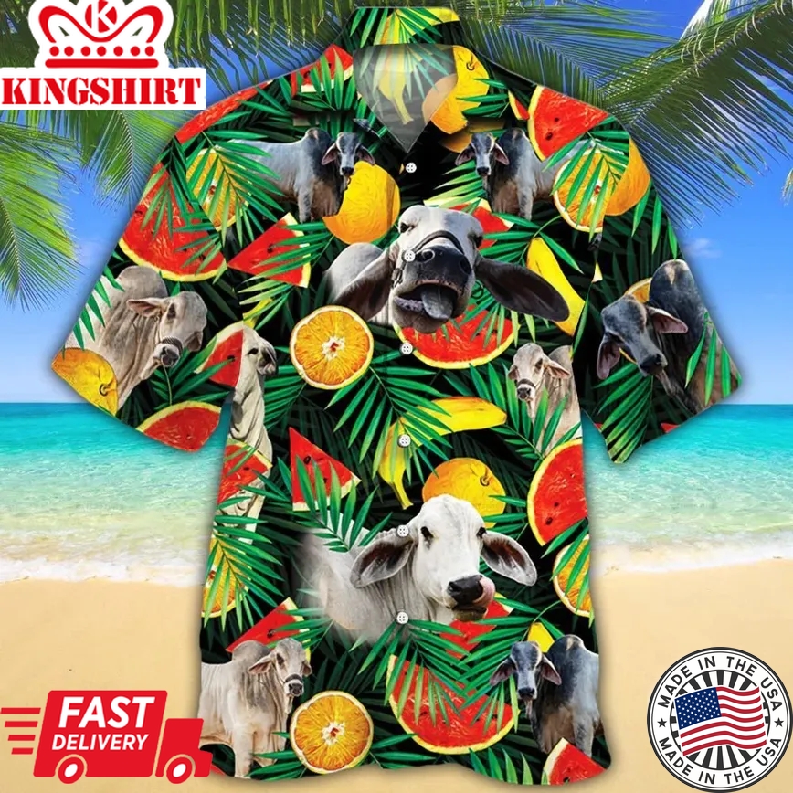 Brahman Cattle Lovers Tropical Fruits Trendy Hawaiian Shirt, Cow Trendy Hawaiian Shirt For Summer Gifts