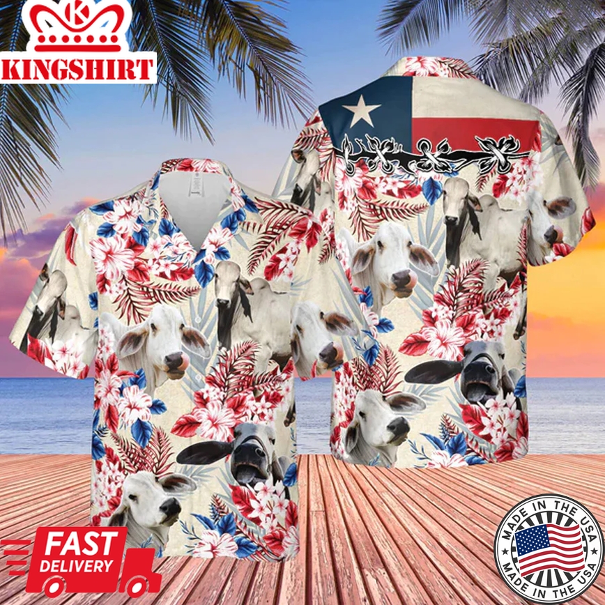 Brahman Cattle Texas Flag Trendy Hawaiian Shirt, Farm Cow Trendy Hawaiian Shirt For Men And Women