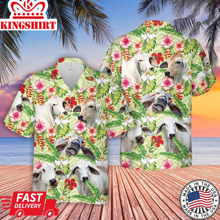 Brahman Hibicus Floral 3D Trendy Hawaiian Shirt, Farm Lover Hawaii Shirt, Hawaiian Casual Button Down Shirt