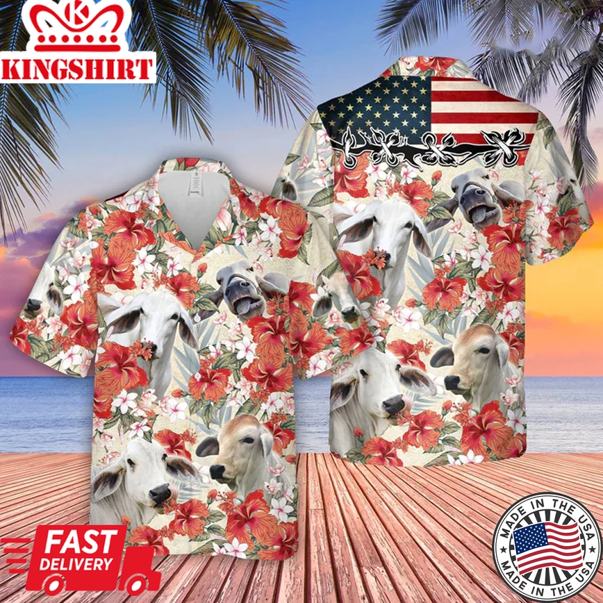 Brahman Hibicus Floral Us Flag 3D Trendy Hawaiian Shirt, Summer Aloha Shirt Men And Women