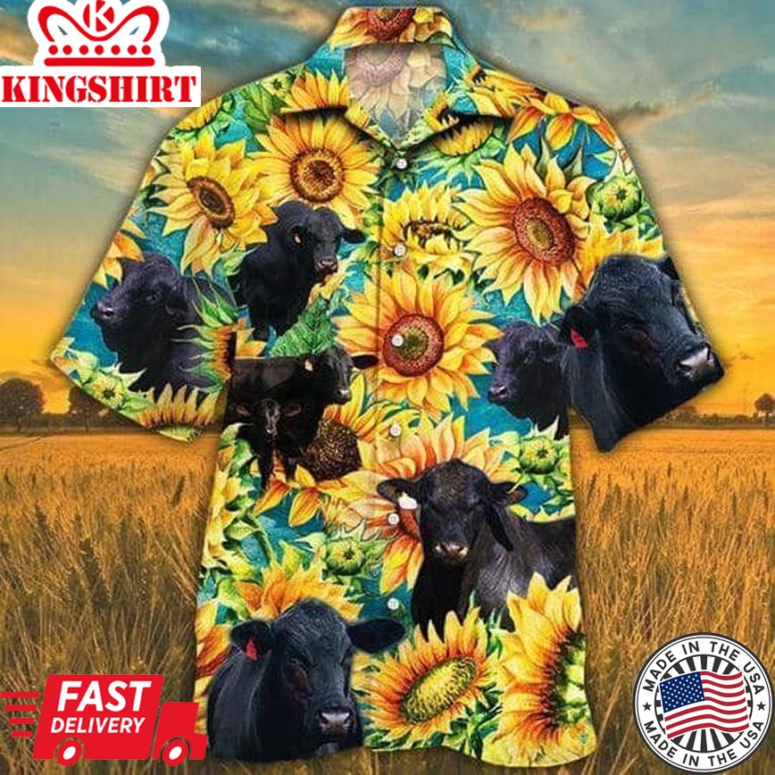 Brangus Cattle Lovers Sunflower Watercolor Trendy Hawaiian Shirt, Cow Trendy Hawaiian Shirt For Summer Gifts