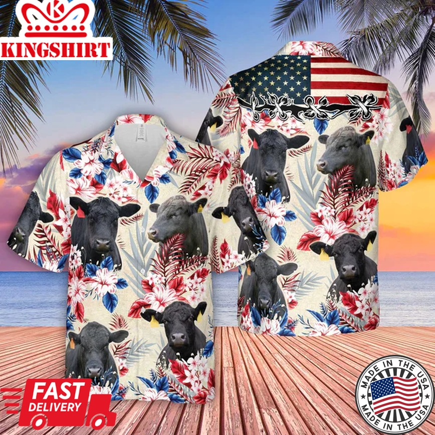 Brangus Pattern Us Flag Trendy Hawaiian Shirt, Farm Cow Trendy Hawaiian Shirt For Men And Women