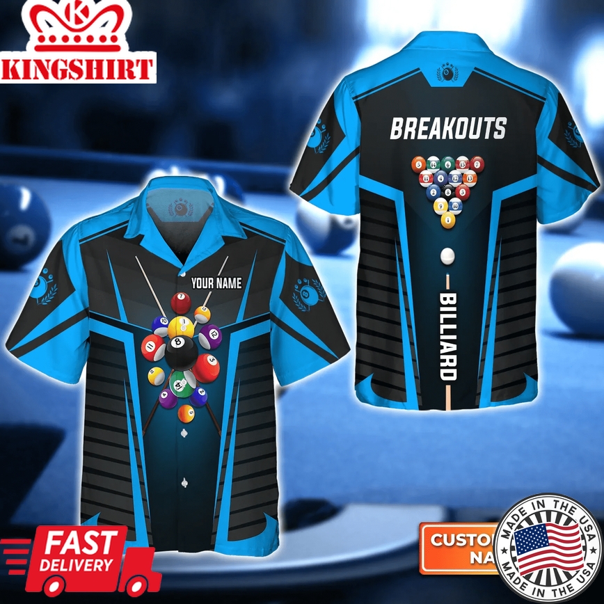 Breackouts Team Blue Billiard Balls 3D Trendy Hawaiian Shirt, Billiard Team Shirt, Billiard Player