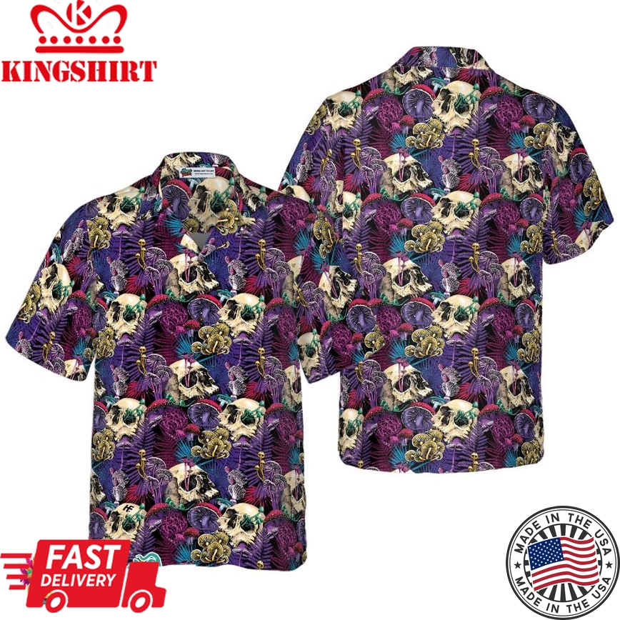 Bright Magic Psychedelic Mushrooms And Skulls Hawaiian Shirt