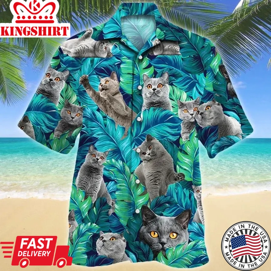 British Shorthair Cat Lovers Gift, Cat Summer Beach Palm Tree Trendy Hawaiian Shirt