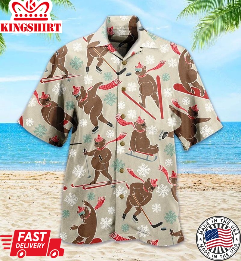 Brown Bear Plays Winter Sport Trendy Hawaiian Shirt 3D Summer Gifts